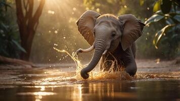 A playful elephant splashes in water, surrounded by lush greenery and warm sunlight. photo