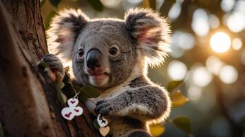 A koala clings to a tree branch, showcasing its adorable features in a natural setting. photo