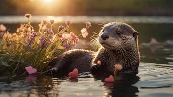 An otter floating among flowers and hearts during sunset, evoking a serene atmosphere. photo