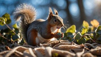 A squirrel holds a nut amidst leaves, illuminated by soft sunlight. photo