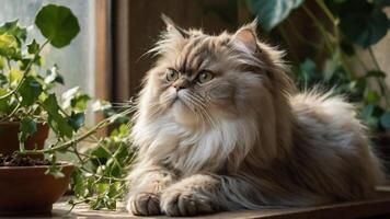 A fluffy cat resting by a window surrounded by greenery. photo