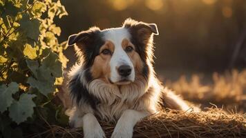A serene dog resting on hay, surrounded by nature during golden hour. photo