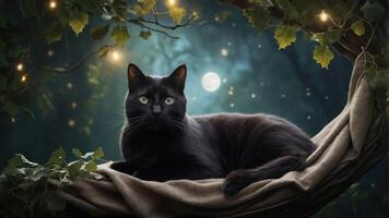 A serene black cat rests on a branch under a moonlit sky, surrounded by glowing lights. photo