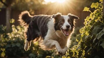 A joyful dog leaps through greenery, capturing a moment of playfulness in nature. photo