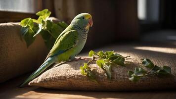 A vibrant parakeet perched on a cushion surrounded by greenery, basking in soft sunlight. photo