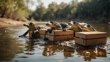 Four alligators resting on wooden platforms in a serene river setting. photo