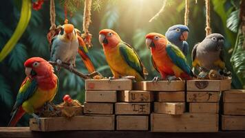 A vibrant gathering of colorful parrots perched on wooden boxes in a lush, tropical setting. photo