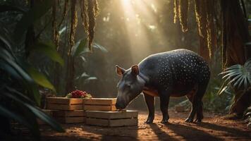 A tapir exploring a forest setting with wooden crates and sunlight filtering through trees. photo