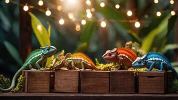 A colorful display of chameleons on wooden crates surrounded by greenery and lights. photo