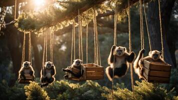 A group of monkeys playfully hanging in wooden crates on a tree branch during sunset. photo