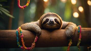 A sloth lounging on a branch adorned with colorful decorations in a lush, vibrant setting. photo