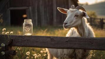 A goat beside a jar with a heart design, set against a rustic barn backdrop at sunset. photo
