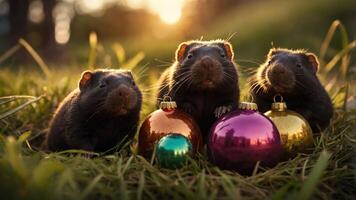 Three adorable rodents sitting on grass with colorful ornaments, creating a festive atmosphere. photo