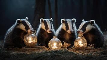 Four badgers sitting together with glowing lanterns in a dark forest setting. photo
