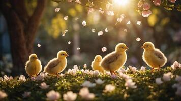 Five fluffy chicks walking among flowers with sunlight filtering through trees. photo