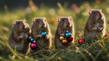 Four hamsters holding colorful ornaments in a grassy field, creating a festive scene. photo