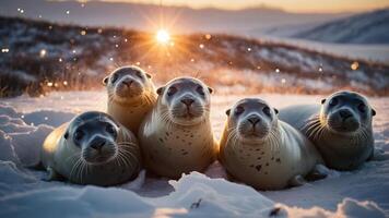 Five seals resting in the snow with a sunset in the background. photo