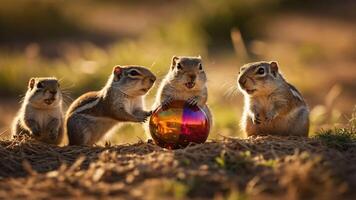 Four squirrels play with a colorful ball in a natural setting. photo
