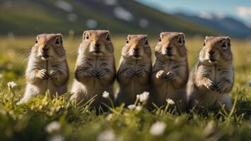 Five squirrels standing together in a grassy field with mountains in the background. photo