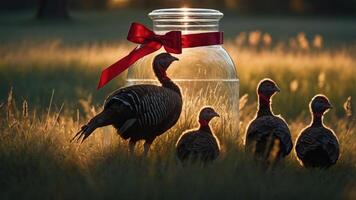 A serene scene of turkeys near a large jar with a ribbon, set in a grassy field at sunset. photo