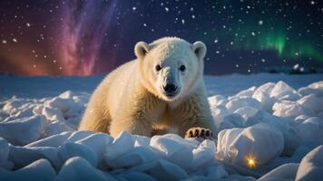 A polar bear on snow with the aurora borealis in the background, creating a magical scene. photo