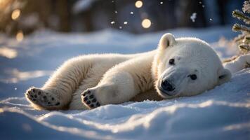 A playful polar bear rests in the snow, surrounded by a serene winter landscape. photo
