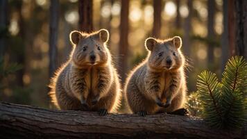 Two quokkas sitting on a log in a forest during sunset. photo