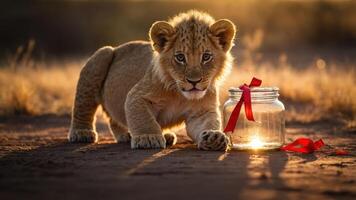 A playful lion cub approaches a jar with a ribbon, illuminated by warm sunlight. photo