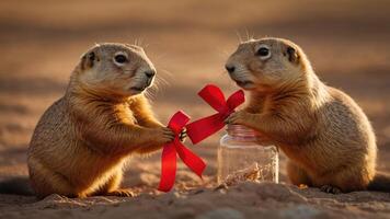 Two prairie dogs exchanging a red ribbon near a jar, showcasing a playful interaction. photo