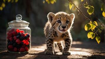 A playful cheetah cub approaches a jar of fresh berries in a natural setting. photo