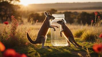 Two kangaroos playfully interacting with a large jar in a sunlit field. photo