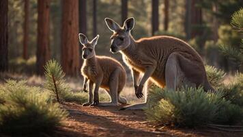 A kangaroo and its joey stand among trees in a serene forest setting. photo