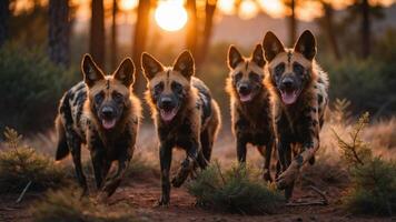 A pack of wild dogs running through a forest at sunset, showcasing their vibrant fur and energy. photo