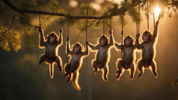 Five monkeys hanging from branches in a sunlit forest, showcasing playful behavior. photo