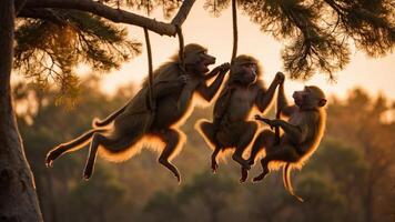Three baboons playfully hanging from branches during sunset in a natural setting. photo