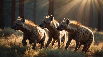 Three hyenas walking through a sunlit forest, showcasing their unique features and behavior. photo