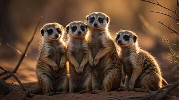 A group of four meerkats standing together in a natural setting during golden hour. photo