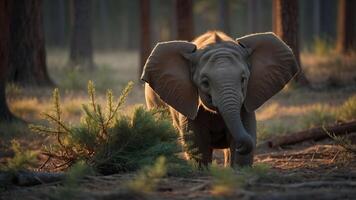 A young elephant stands in a sunlit forest, surrounded by trees and greenery. photo