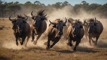 A herd of wildebeests running through a dusty landscape. photo