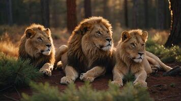 Three lions resting together in a serene forest setting. photo