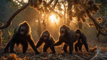 A group of gorillas vocalizing in a forest at sunset, showcasing their natural behavior. photo