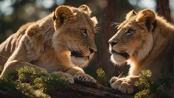Two lions gazing at each other in a natural setting, showcasing their majestic features. photo