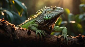 A close-up of a green iguana resting on a branch in a lush, sunlit environment. photo
