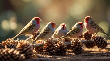 A group of colorful birds perched on pinecones, showcasing nature's beauty and tranquility. photo