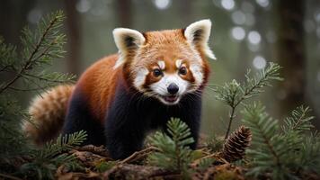 A red panda in a forest setting, surrounded by pine branches and a natural environment. photo