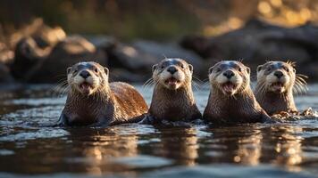 Four playful otters swimming together in a serene water setting. photo