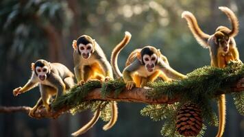 Four monkeys playfully climbing a branch adorned with pine and greenery. photo