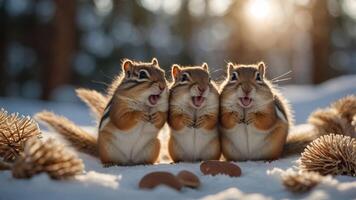 Three playful squirrels in the snow, surrounded by pine cones, enjoying their winter habitat. photo