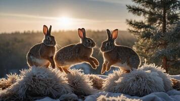 Three rabbits play in a snowy landscape during sunset, creating a serene winter scene. photo