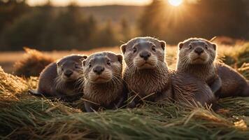 A group of four otters resting on grass during sunset, showcasing their playful nature. photo